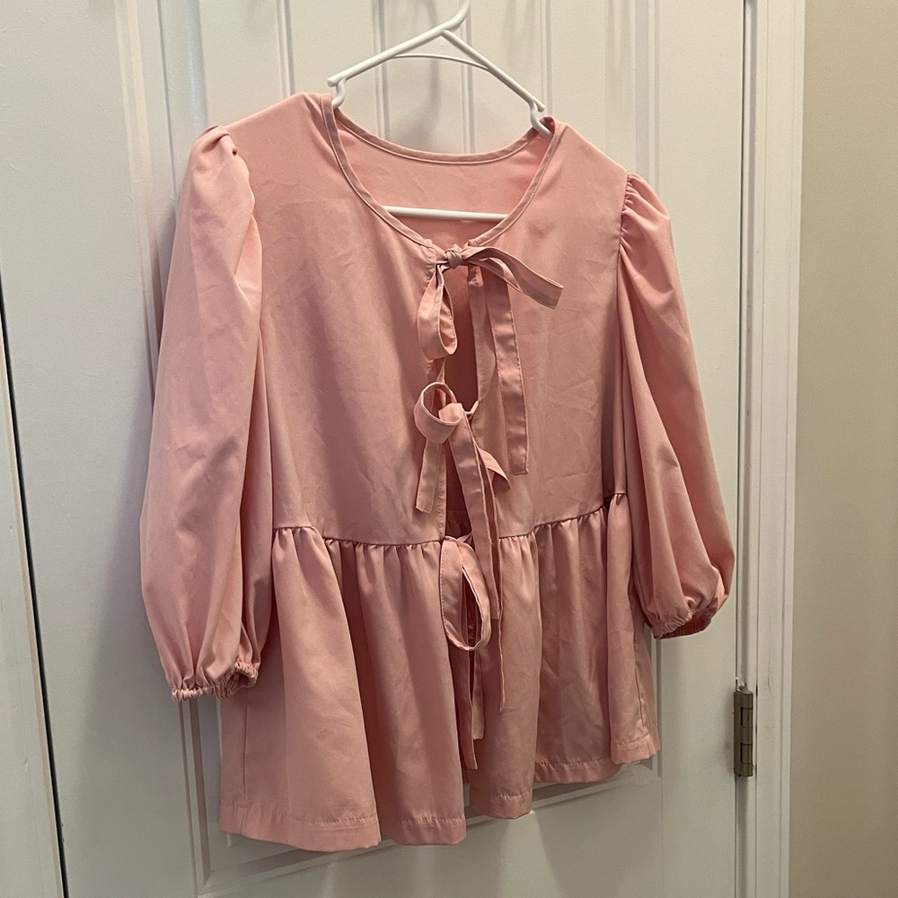 SHEIN Pink Long-Sleeve Tie-Front Peplum Top